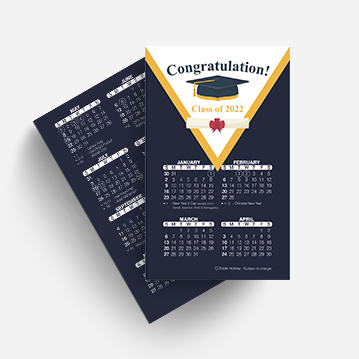 Business card-sized mini calendars that say “Congratulations” and decorated with a graduation cap.