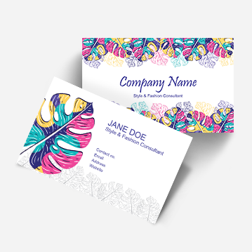 White business cards decorated with a series of colourful rainbow monstera leaves on the edges.