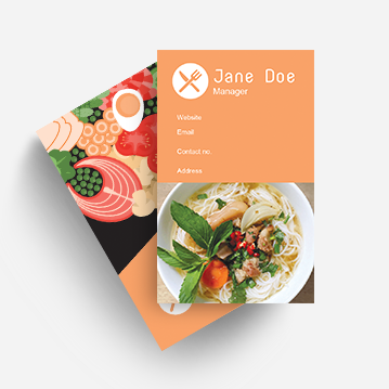 Business cards for Jane Doe with a photograph of noodles on one side, and a stylized drawing of various ingredients on the other.