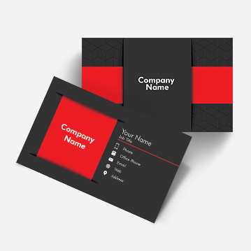 A black and red business card with an interwoven slot design.