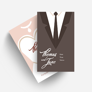 Small business card-sized invitations to the wedding of “Thomas and Jane”, including designs of a suited torso, and a woman in a wedding gown.