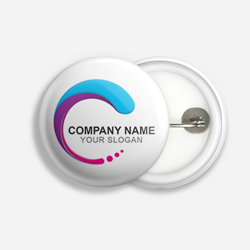 A white button badge template with a blue and purple blob design that tapers into three pink dots.