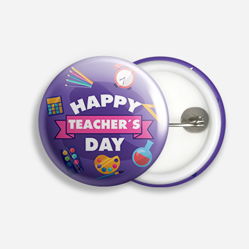 A purple button badge decorate with multiple icons of school supplies, and labelled “Happy Teacher’s Day”.
