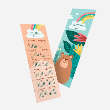 A bookmark featuring a simplistic design, with a happy cartoon bear in a forest on one side, and a pink calendar on the other.