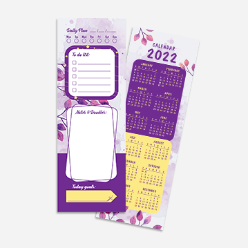 A bookmark in shades of purple featuring a calendar on one side, and a to-do list on the other.