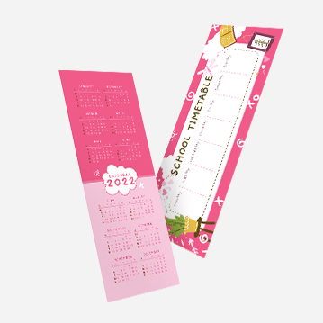 A hot pink bookmark that appears to serve as a calendar as well as a school timetable.