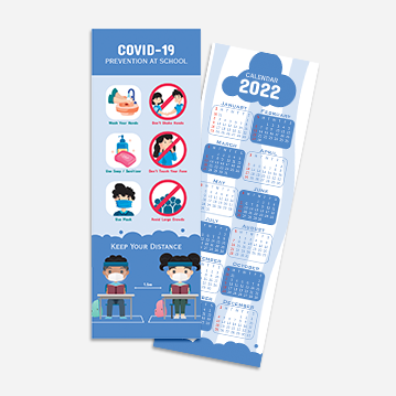 A bookmark in shades of blue featuring a calendar on one side, and a series of COVID-19 prevention practices on the other.