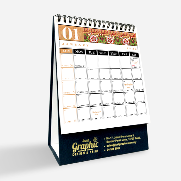 A simple hard stand desk calendar with a floral print border on a white background.
