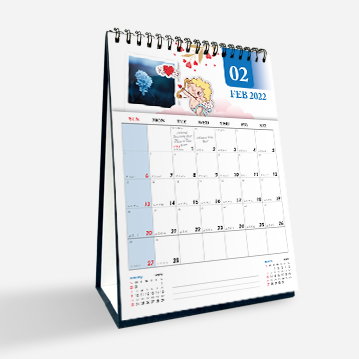 A simple hard stand desk calendar featuring a cartoon image of Cupid on a white background.