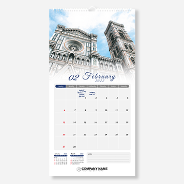 A simple wire-O bound wall calendar featuring an image of a cathedral.