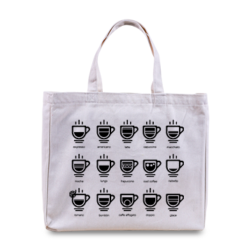A canvas tote bag with coffee cup suitable for coffee shop.