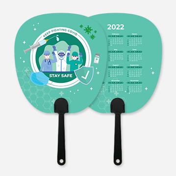 A simple hand fan printed with a teal design featuring medical imagery and cartoon doctors, as well as text that says “Keep Fighting Covid - Stay Safe”. The other side features a 2022 calendar.