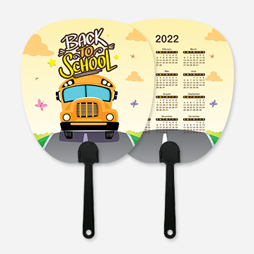 A simple hand fan printed with a yellow design featuring a yellow school bus surrounded by butterflies, as well as text that says “Back to School”. The other side features a 2022 calendar.