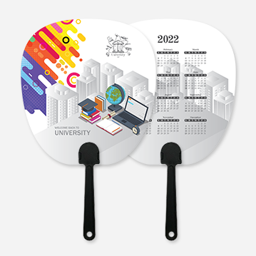A simple hand fan printed with a largely white design featuring a skyline and school supplies, as well as text that says “University”. The other side features a 2022 calendar.