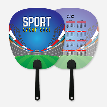 A simple hand fan printed with a blue design featuring a drawing of a stadium, as well as text that says “Sport Event 2021”. The other side features a 2022 calendar.