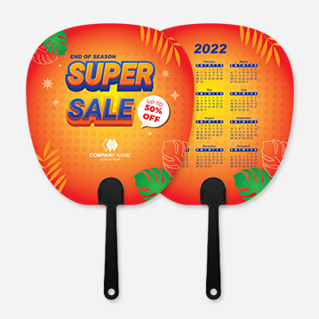 A simple hand fan printed with an orange design featuring leaves and dots, as well as text that says “Super Sale - Up to 50% Off”. The other side features a 2022 calendar.