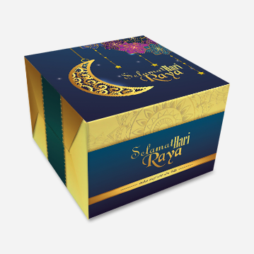 A gift box with a dark blue and gold design printed with the words “Selamat Hari Raya”.