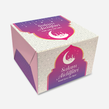 A gift box with a pink and purple design printed with the words “Salam Aidilfitri”.
