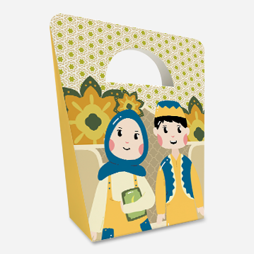 A gift box with a cutout handle featuring a yellow design of two cartoon people.
