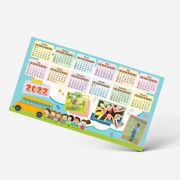 A rectangular magnet featuring a calendar for 2022, and a design with multiple cartoon children running towards a school bus.