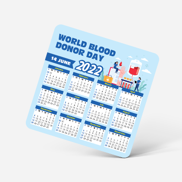A square, blue magnet featuring a calendar for 2022, and a design with two people surrounded by blood drive supplies.