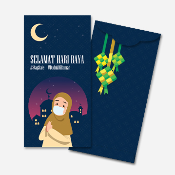 A navy blue money packet featuring a design for Hari Raya with a cartoon woman clasping her hands in greeting.