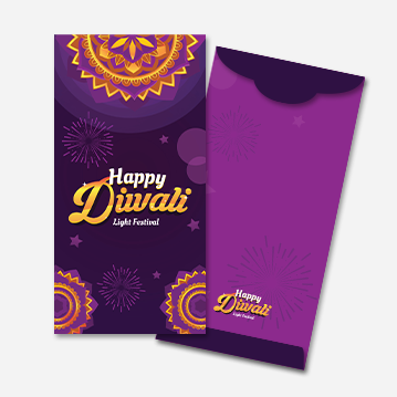 A purple money packet featuring a design for Diwali with several purple and gold rangoli designs in the background.