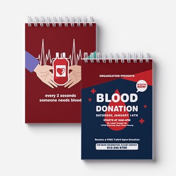 Two wirebound notebooks are arranged side by side, both highlighting a blood drive.