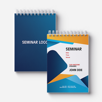 Two wirebound notebooks are arranged side by side, both highlighting a seminar.