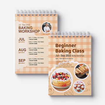 Two wirebound notebooks are arranged side by side, both highlighting a baking workshop or class.