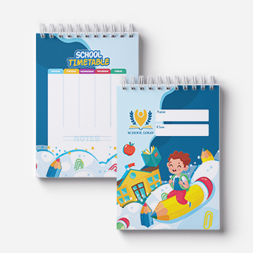 Two wirebound notebooks are arranged side by side, both featuring a school motif.