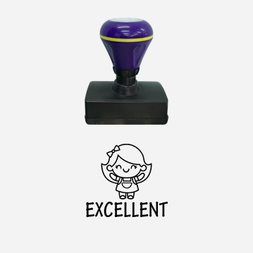 A rubber stamp that says “Excellent” with a blue handle.
