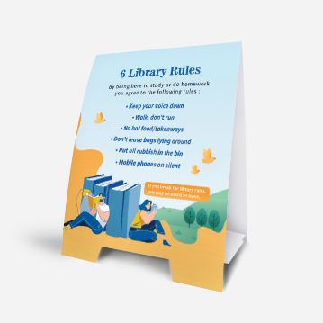 A tent card featuring rules for a library.